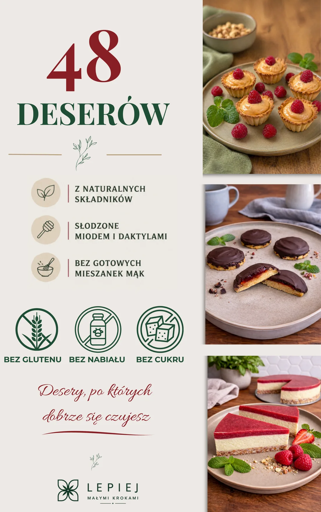 Okładka książki 48 deserów bez glutenu, nabiału i cukru, Lepiej Małymi Krokami